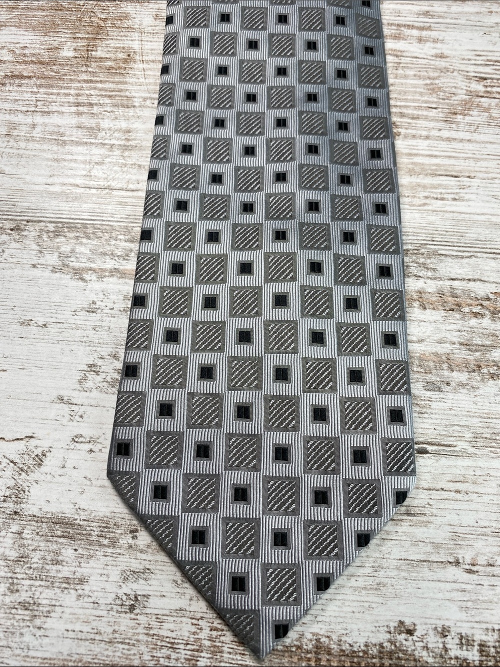 Fabio Fazio Silver Gray Black Geometric Check Woven 100% Silk Wide Tie 58x4